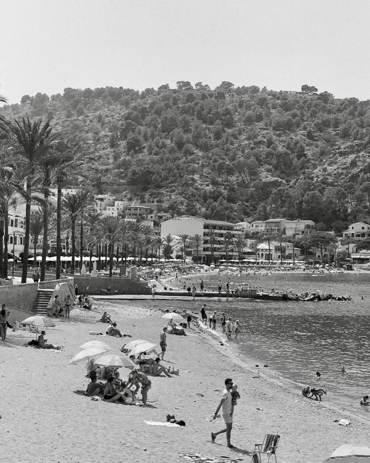 Black and White photo of the beach and Palm trees in Port de Soller